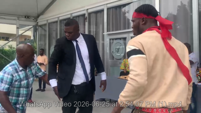 VIDEO: Chaos erupts at NPP NEC meeting as security clash with ‘Ken Must Go’ protesters
